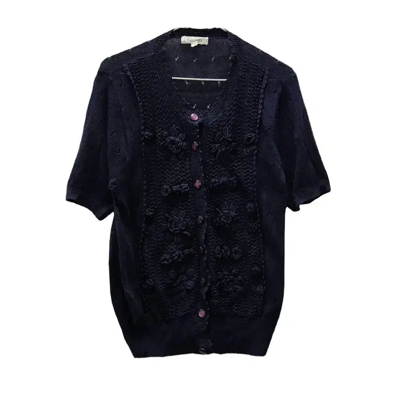 [BUNJANG] Mori Girl Punching Corsage Flower Linen Dark Navy Cardigan / 모리걸 펀칭 코사지 플라워 린넨 다크네이비 가디건 M