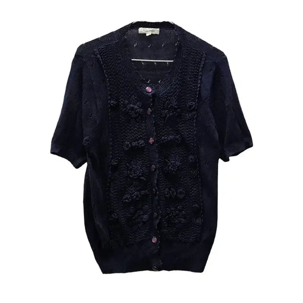 [BUNJANG] Mori Girl Punching Corsage Flower Linen Dark Navy Cardigan / 모리걸 펀칭 코사지 플라워 린넨 다크네이비 가디건 M