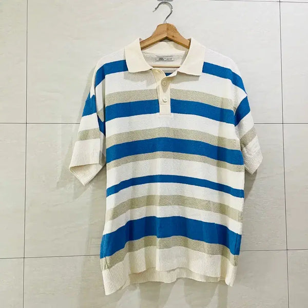 [BUNJANG] Zara Bouclé Knit Short-Sleeve Polo T-Shirt Men's Size L (105) / 자라 / 부클니트 반팔 카라티, 남성 티셔츠 / L(105)