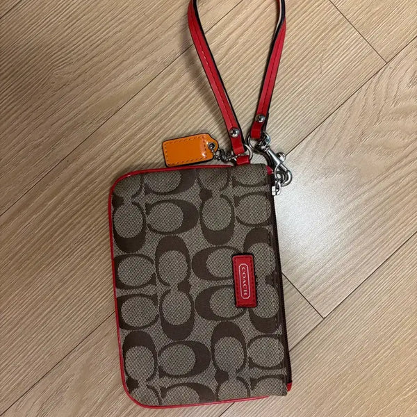 [BUNJANG] Coach Signature Pattern Coin Pouch with Red Strap / 코치 동전지갑 파우치