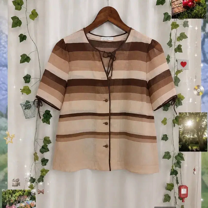 [BUNJANG] Brown Stripe Puff Sleeve Blouse / 브라운 스트라이프 퍼프 소매 블라우스