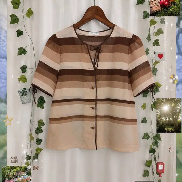 [BUNJANG] Brown Stripe Puff Sleeve Blouse / 브라운 스트라이프 퍼프 소매 블라우스