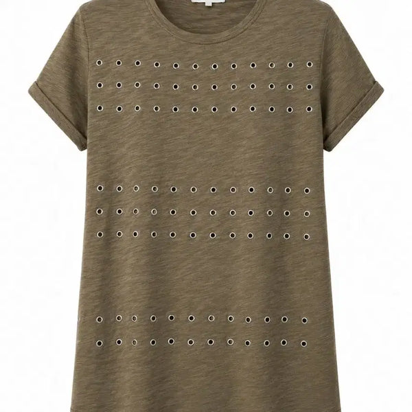 [BUNJANG] Maje Khaki Eyelet Short Sleeve T-Shirt / 마쥬 카키색 아일렛 반팔 티셔츠