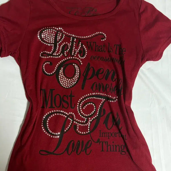 [BUNJANG] Y2K Cubic Dark Red Japanese Vintage Short Sleeve T-Shirt / Y2K 큐빅 다크레드 일본 빈티지 반팔 티셔츠