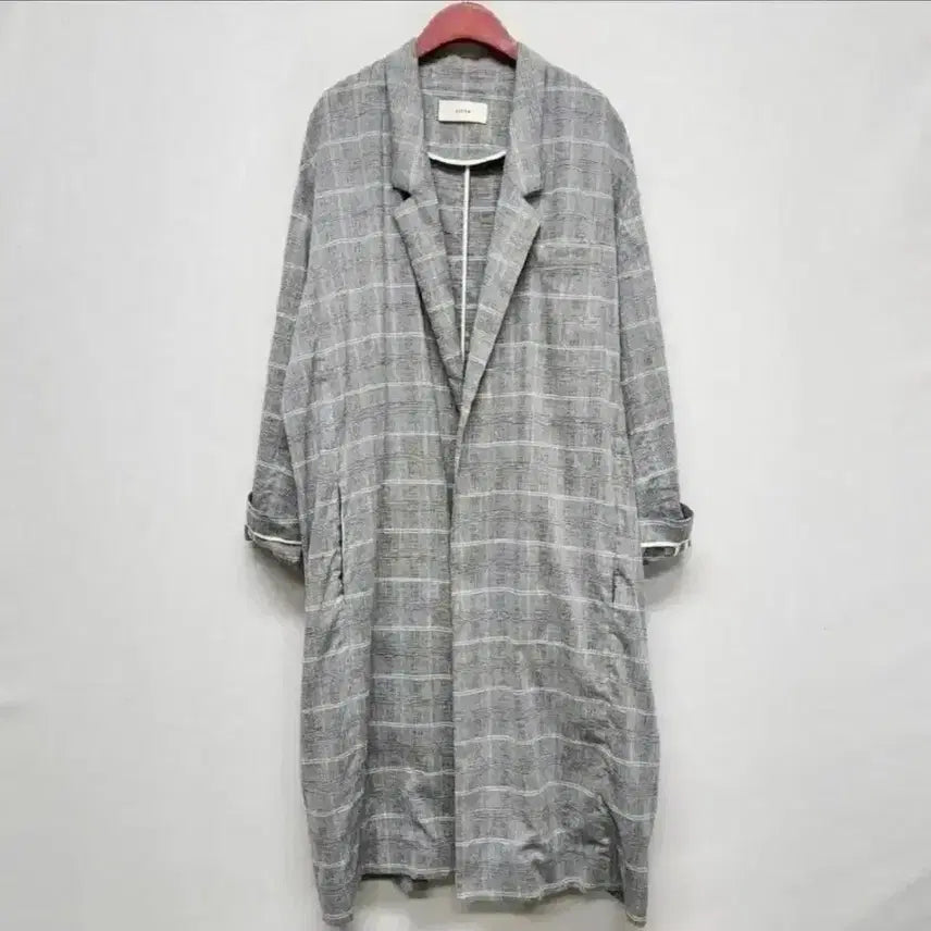 [BUNJANG] System Linen Check Roll-Up Sleeve Collar Coat Khaki Grey Size 55 / 시스템  롤업 소매 칼라 린넨 체크 코트 55사이즈