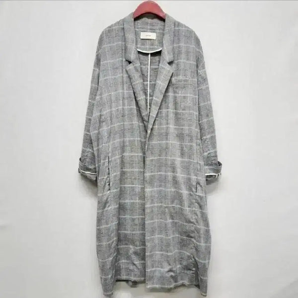 [BUNJANG] System Linen Check Roll-Up Sleeve Collar Coat Khaki Grey Size 55 / 시스템  롤업 소매 칼라 린넨 체크 코트 55사이즈