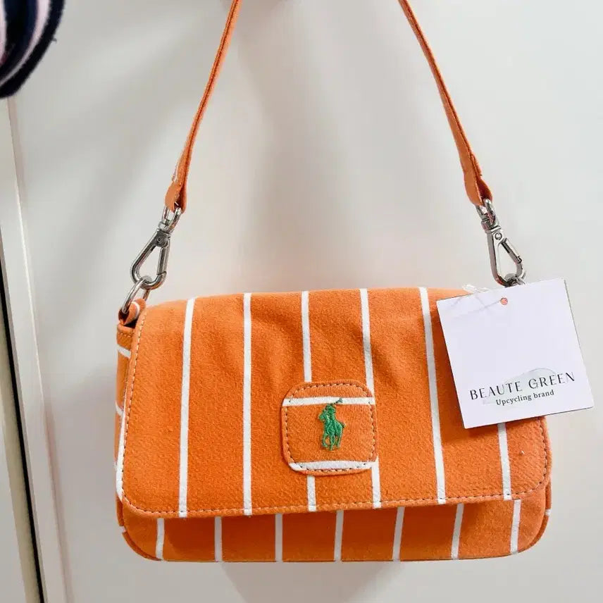 [BUNJANG] Polo Ralph Lauren Orange Stripe Upcycled Shoulder Bag / 폴로 랄프로렌 숄더백 오렌지 스트라이프 업사이클링