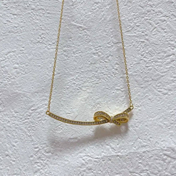 [BUNJANG] 18K Gold Plated Cubic Zirconia Ribbon Necklace / 리본 큐빅 목걸이 18k도금