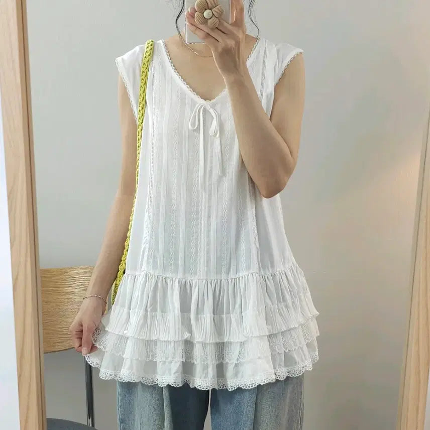 [BUNJANG] Women's Sleeveless Ruffle Blouse Layered Top / (F)여성 민소매 나시 프릴 블라우스 레이어드 G6W4294