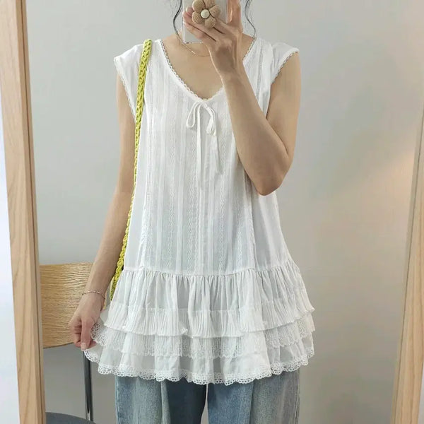 [BUNJANG] Women's Sleeveless Ruffle Blouse Layered Top / (F)여성 민소매 나시 프릴 블라우스 레이어드 G6W4294