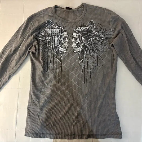 [BUNJANG] Vintage Y2K Goth Punk Skull Print Waffle Long Sleeve / 빈티지 y2k 고스펑크 스컬프린팅 와플 그레이 롱슬리브