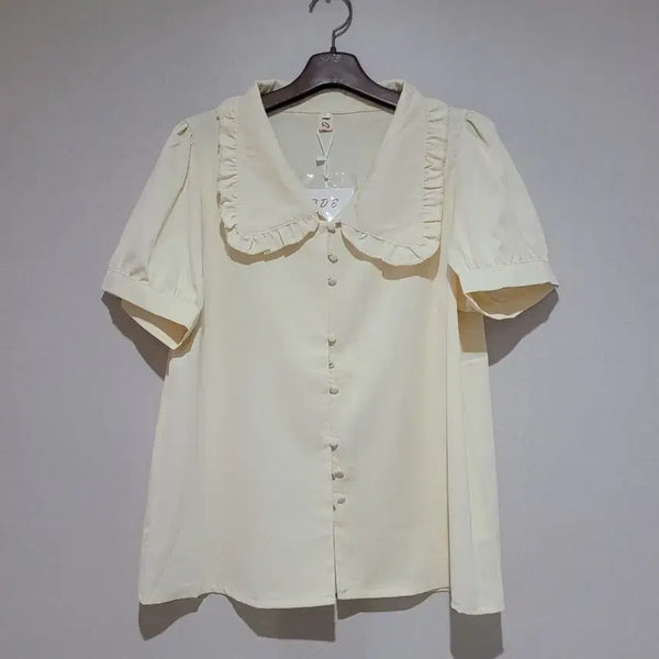 [BUNJANG] Ruffle Collar Puff Short Sleeve Blouse / (새상품)러플 카라 퍼프 반팔 블라우스