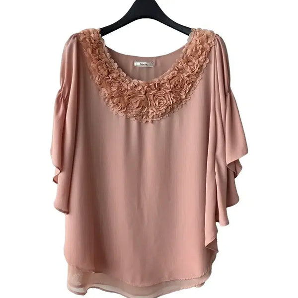 [BUNJANG] Chiffon Neck Flower Accent A-Line Blouse / F/인디핑크 시폰 넥장식 블라우스