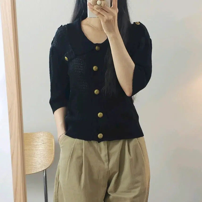 [BUNJANG] Women's Black Collar Short Sleeve Cardigan (Loose Fit) / (F)여성 카라 반팔 가디건 루즈핏 블랙 G6W4223