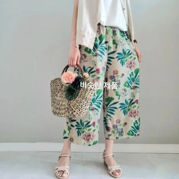 [BUNJANG] Coco & Hue Watercolor Print Wide Leg Linen Pants / 프리~ 77/새옷/coco&Hue/미시룩/수채화같은밴딩린넨통바지