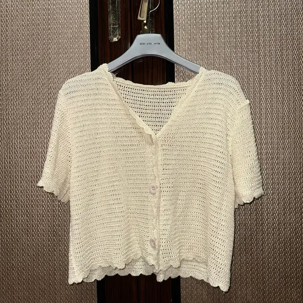 [BUNJANG] Crochet Knit Short-Sleeve Cardigan - Ivory / 크로셰 니트 가디건 아이보리 여름반팔 니트 가디건