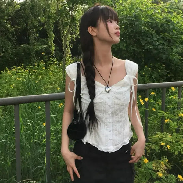 [BUNJANG] Ribbon Strap Off-Shoulder Sleeveless Blouse / 리본 스트랩 오프 나시 블라우스