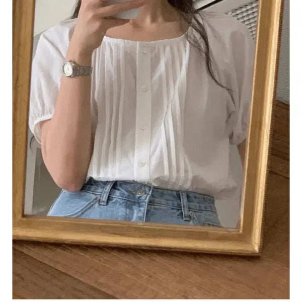 [BUNJANG] Monique Shirring Pintuck Cotton Short-Sleeve Blouse / monique 모니크 셔링 핀턱 블라우스 코튼 반팔 라운드