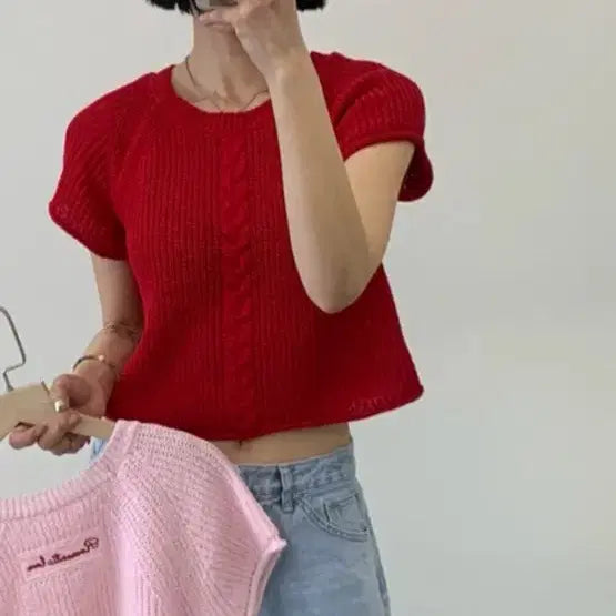 [BUNJANG] Knit Short Sleeve T-Shirt Red / 니트 반팔 티셔츠 레드