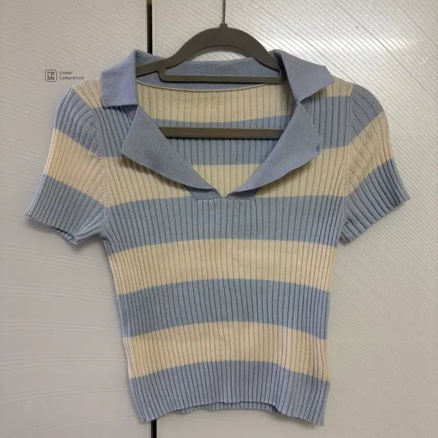 [BUNJANG] Shipsada Light Blue Stripe Short Sleeve Knit XS / 샵사이다 소라색 스트라이프 반팔 니트 xs