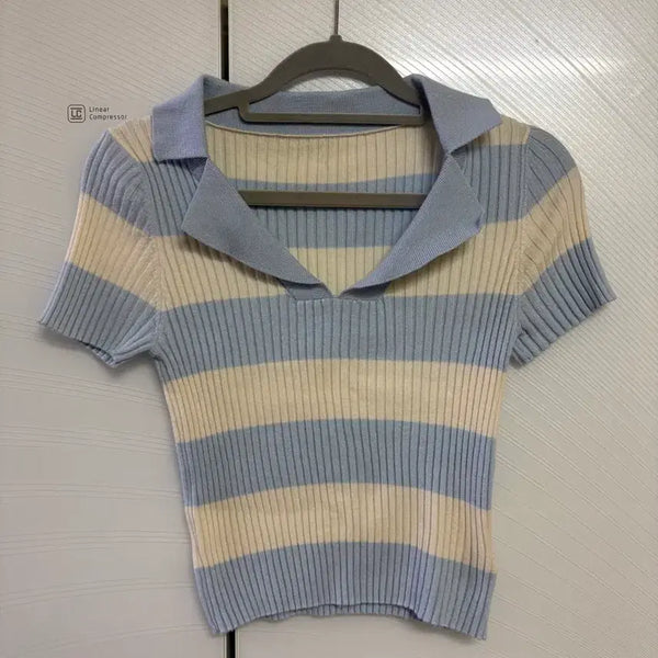 [BUNJANG] Shipsada Light Blue Stripe Short Sleeve Knit XS / 샵사이다 소라색 스트라이프 반팔 니트 xs