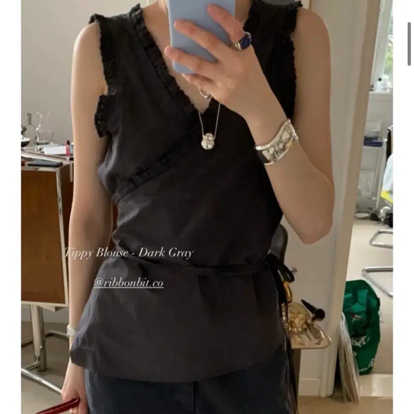 [BUNJANG] Ribbon Light Tippi Blouse Dark Grey / 리본빛 티피 블라우스 다크 그레이