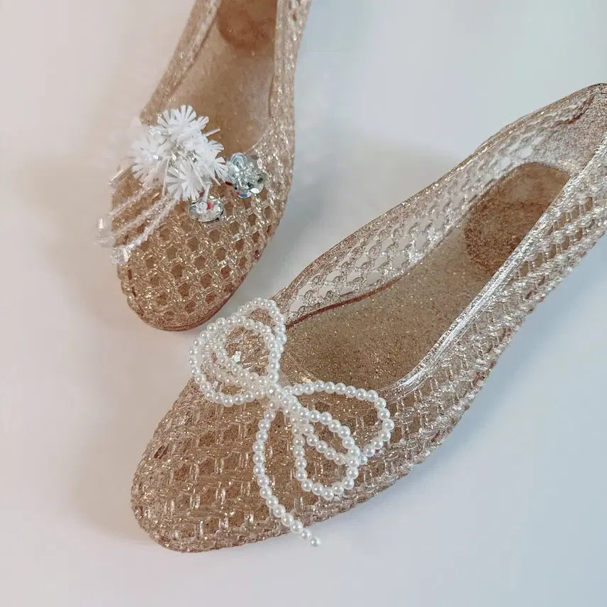 [BUNJANG] Gold Jelly Shoes with Parts (Pearl Ribbon Version) / 골드 젤리슈즈 파츠 포함 (진주리본 버전)