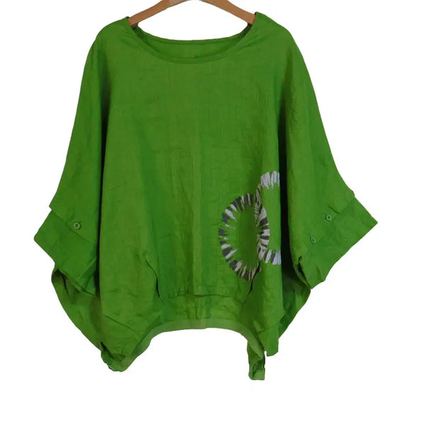 [BUNJANG] Green Linen Blend Blouse Loose Fit Printed / 그린 린넨 마직 블라우스 프리 루즈핏 오버핏 블라우스