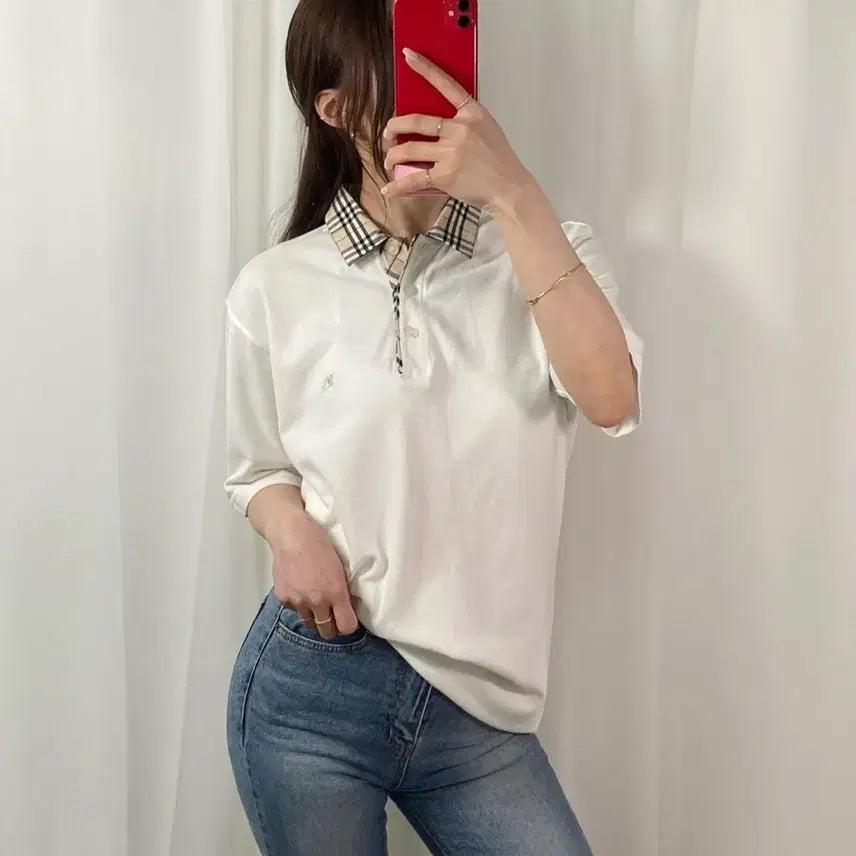 [BUNJANG] Burberry Caranova Check White Polo Shirt XL / 버버리 카라노바체크 화이트 PK