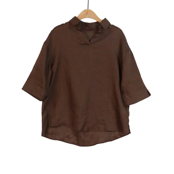 [BUNJANG] Brown 100% Linen Blouse - Loose Fit, Short Sleeve, V-Neck / 브라운 린넨100 블라우스 55 루즈핏 반팔 마 블라우스
