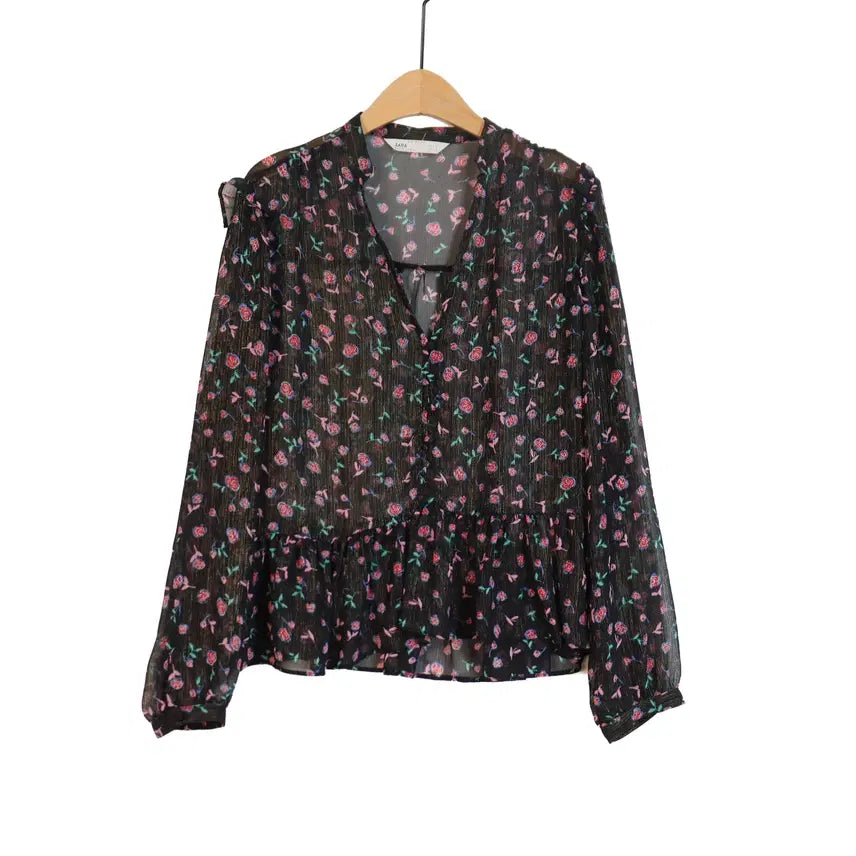 [BUNJANG] ZARA Floral See-Through Chiffon Blouse - Black (M) / ZARA 자라 플라워 시스루 블라우스 M 블랙 쉬폰