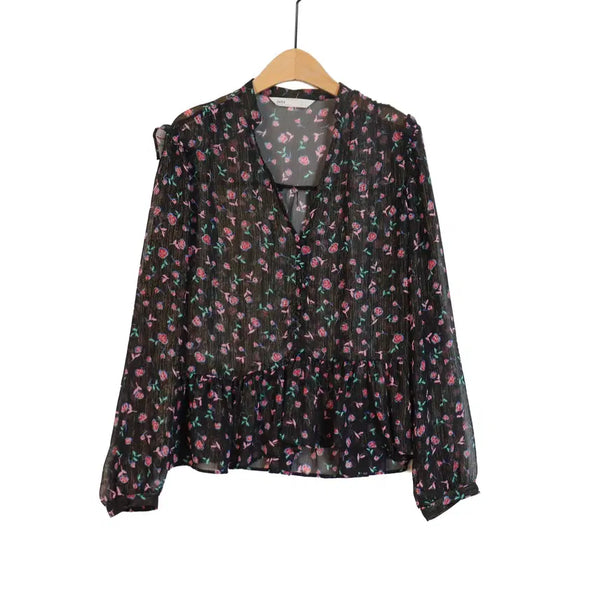 [BUNJANG] ZARA Floral See-Through Chiffon Blouse - Black (M) / ZARA 자라 플라워 시스루 블라우스 M 블랙 쉬폰