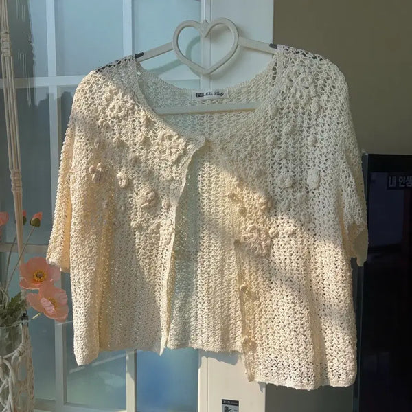 [BUNJANG] Vintage Mori Girl Knit Flower Crochet Cardigan / [빈티지] 모리걸 뜨개 플라워 크로셰 가디건 -옷장정리