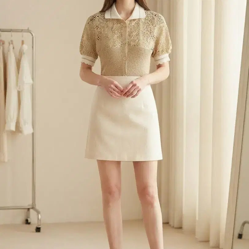 [BUNJANG] Valentino Roma Elegant Gold Lace Short Sleeve Knit Cardigan / [정품/세탁완료] 발렌티노 로마 우아한 골드 레이스 반팔 니트 가디건