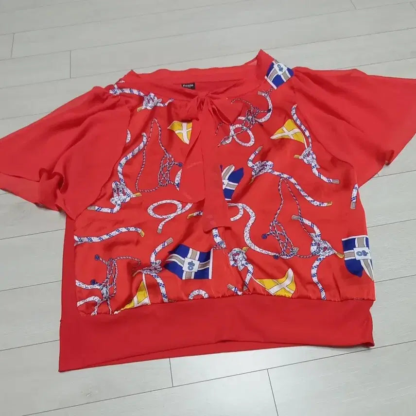 [BUNJANG] Ecole de Paris Red Napoli Pattern Chiffon Blouse with Ribbon Detail / Ecole 드 파리 블라우스 66