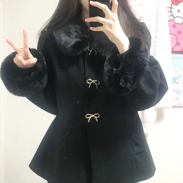 [BUNJANG] Vintage Black Ribbon Coat with Fur Collar and Cuffs / 빈티지 블랙 리본 코트 달천깔 히메갸루 로걀 라떼 공겜여주 리즈리사깔