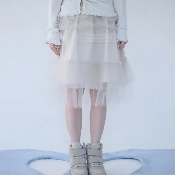 [BUNJANG] Mireco Tulle Frill Midi Skirt Soft Butter / 미레코 TULLE FRILL MIDI SKIRT SOFT BUTTER