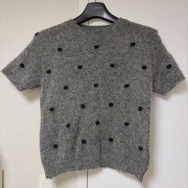[BUNJANG] Polka Dot Round Neck Knit Short Sleeve T-Shirt / 도트 라운드넥 니트 반팔티