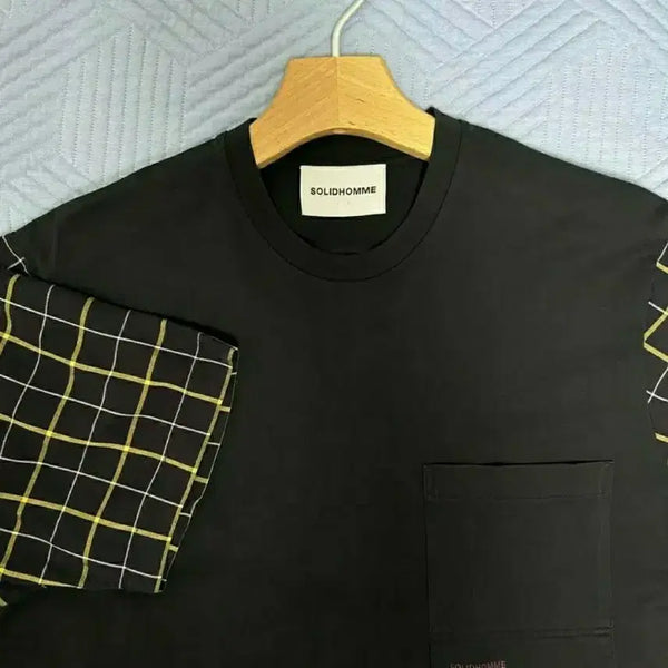 [BUNJANG] Solid Homme Check Color-Block Short-Sleeve Shirt Set Black / 솔리드옴므 체크 배색 셔츠 반팔 티셔츠 블랙 세트