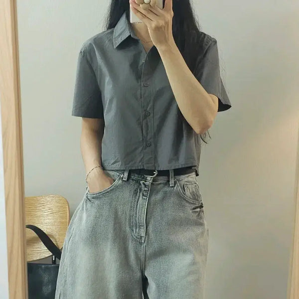 [BUNJANG] Semi-Cropped Short-Sleeve Shirt for Women / (F)사색 여성 반팔 셔츠 세미크롭 J18W4235