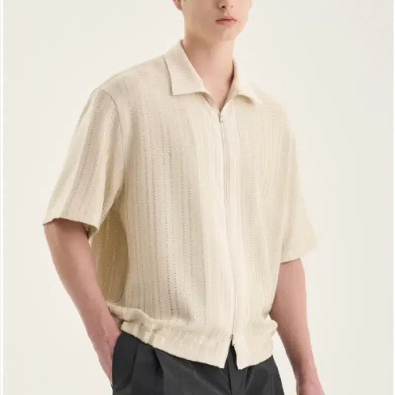 [BUNJANG] Time Homme 23SS Crochet Block Zip-Up Shirt / 타임옴므 크로셰 블록 집업 셔츠 (23SS)