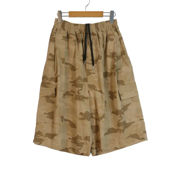 [BUNJANG] Military Cargo Shorts Camouflage Print Elastic Waist Wide Fit Pants / 밀리터리 카고 반바지 프리 카모 밴딩 와이드 팬츠