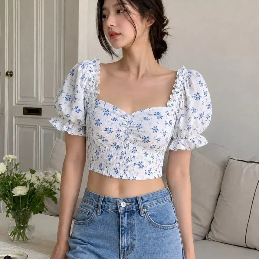 [BUNJANG] Blue Flower Puff Off-Shoulder Crop Blouse (S / 44-55) / 블루 플라워 퍼프 오프숄더 크롭 블라우스 (S / 44~55)