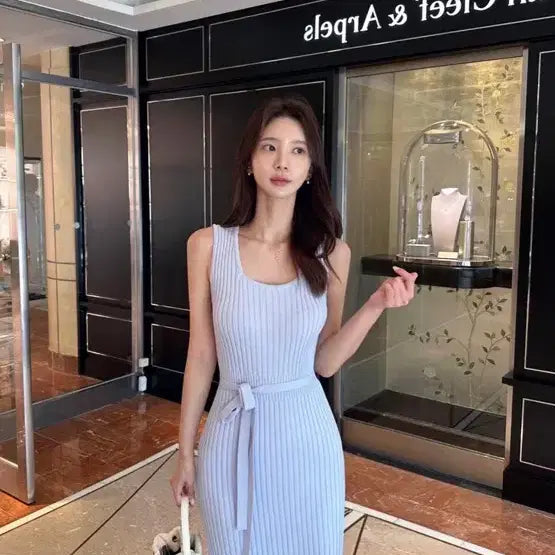 [BUNJANG] Sky Blue Long Knit Dress with Waist Strap / 미미워원피스