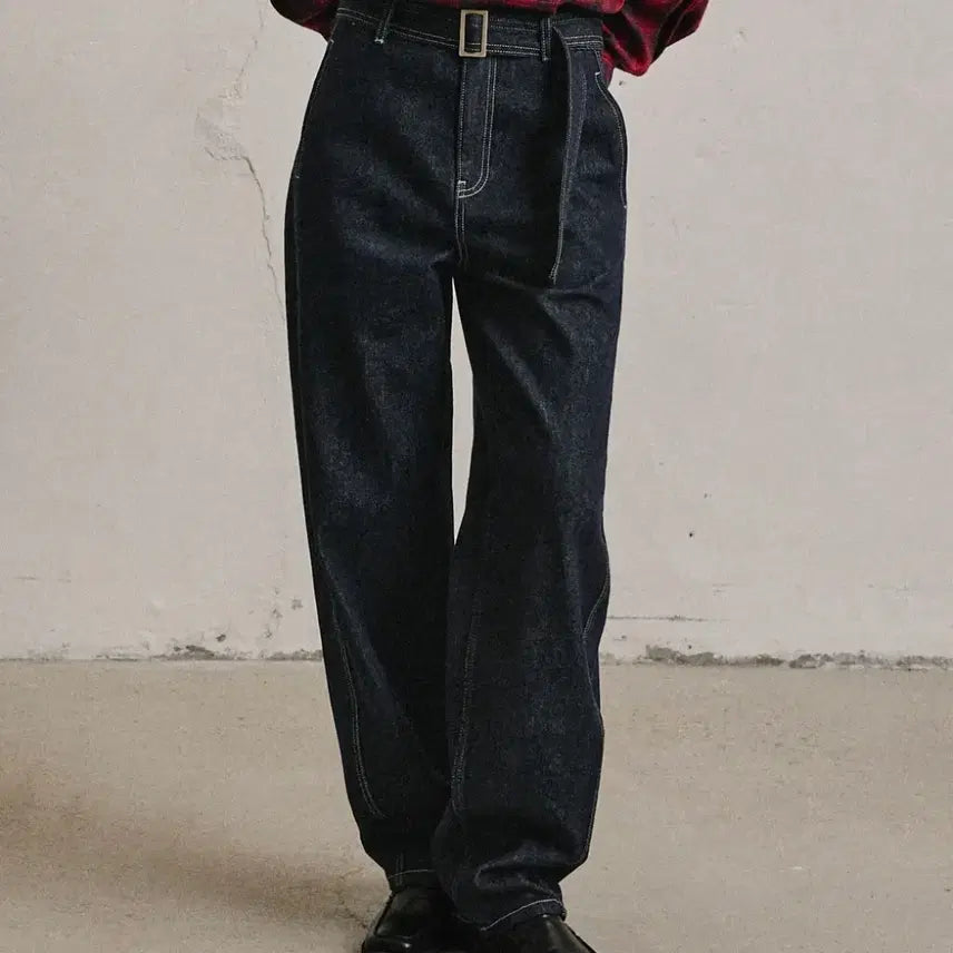 [BUNJANG] Attitude Belted Curved Denim Pants - Blue / 아티드 벨티드 커브드 데님 팬츠 블루