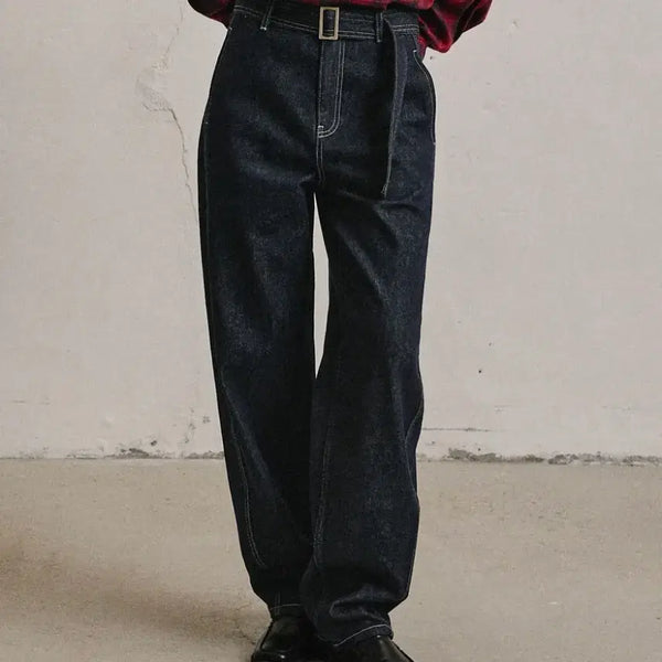 [BUNJANG] Attitude Belted Curved Denim Pants - Blue / 아티드 벨티드 커브드 데님 팬츠 블루