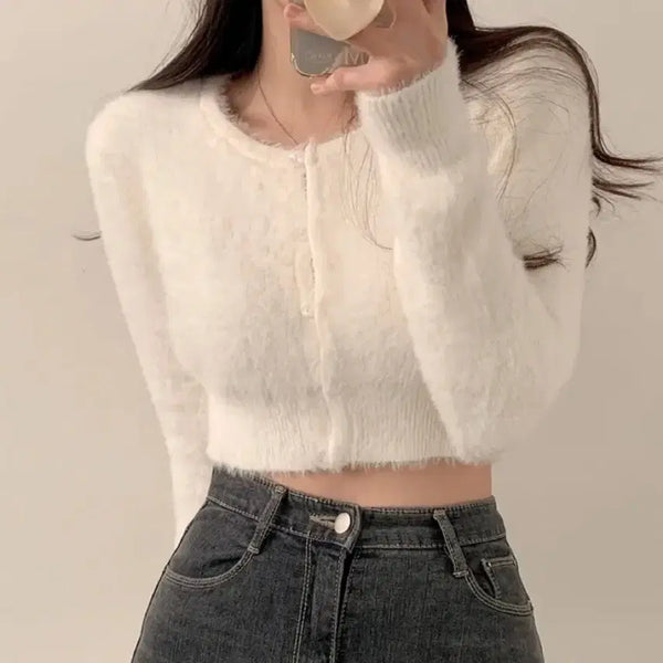 [BUNJANG] Angora Fur Cropped Cardigan / [새상품] 화이트 앙고라 퍼 크롭 가디건