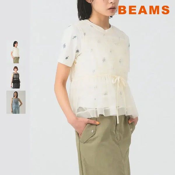 [BUNJANG] Ray BEAMS Sheer Tulle Shirring Sleeveless Blouse / 빔즈 레이 시어 튤 셔링 민소매 블라우스