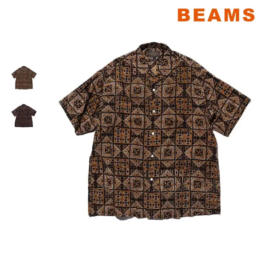 [BUNJANG] Beams Plus Open Collar Block Print Shirt Type 4 / 빔즈 플러스 오픈칼라 블록프린트 셔츠 타입4