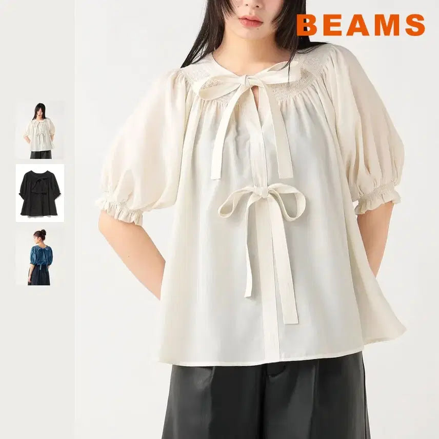 [BUNJANG] BEAMS HEART 2-Way Shirring Ribbon Washable Blouse / 빔즈 하트 2웨이 셔링 리본 워셔블 블라우스